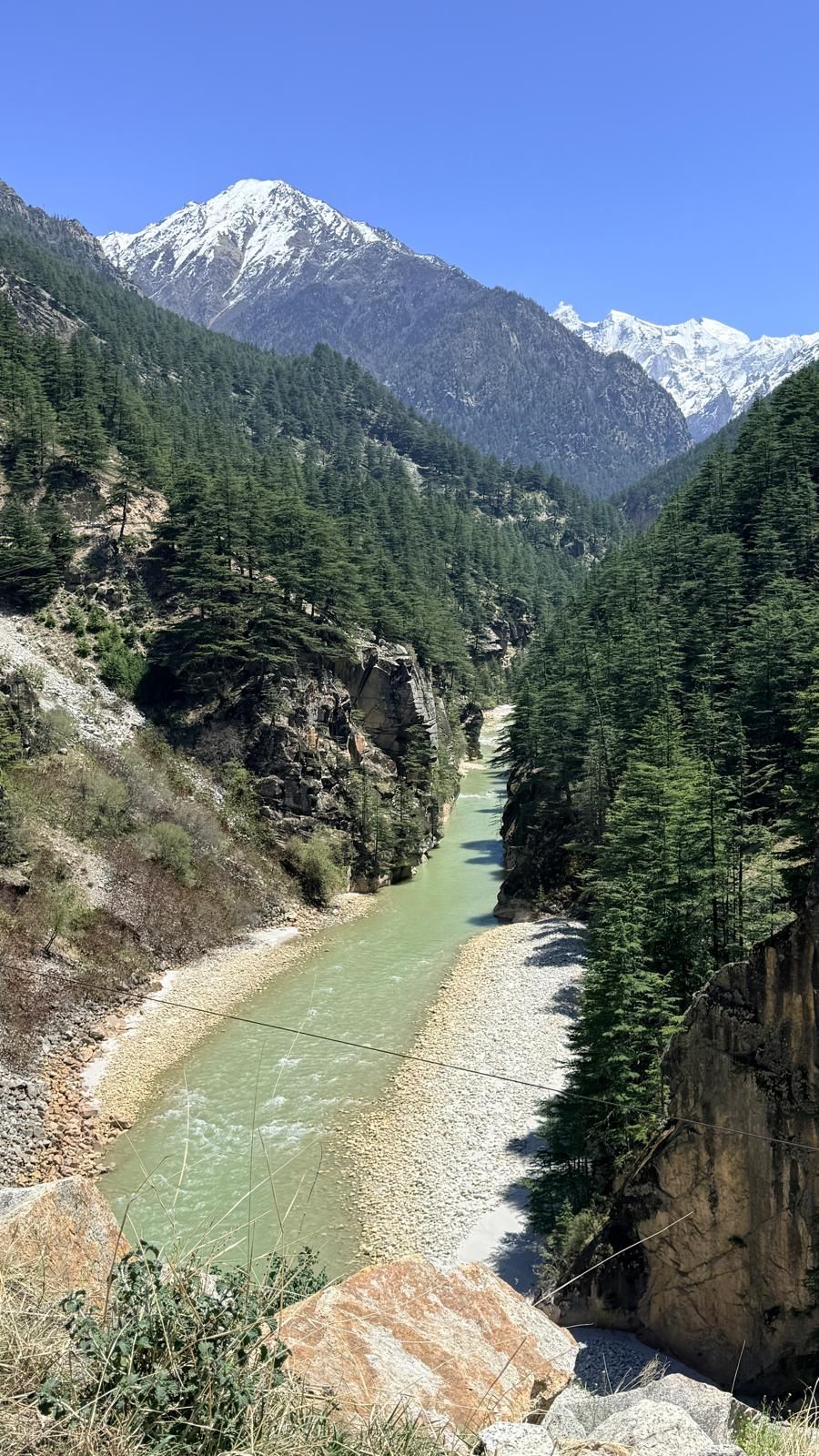 A pale green river winding through a forested gorge below a snow-capped peak.